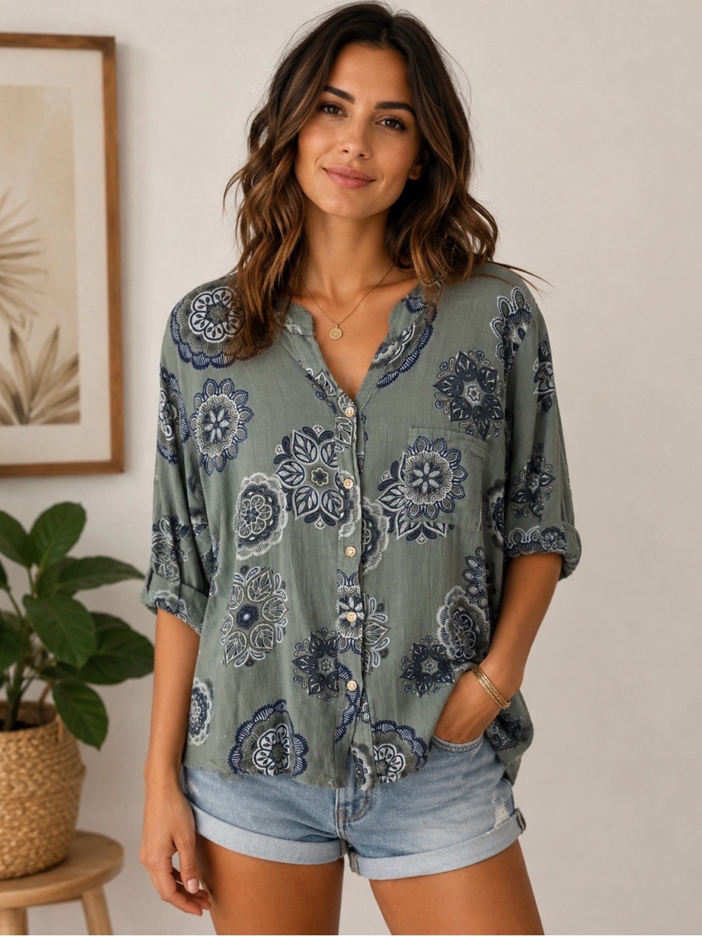 Via Vitale 100% Cotton Green Floral Button-Down Shirt with High-Low Hem